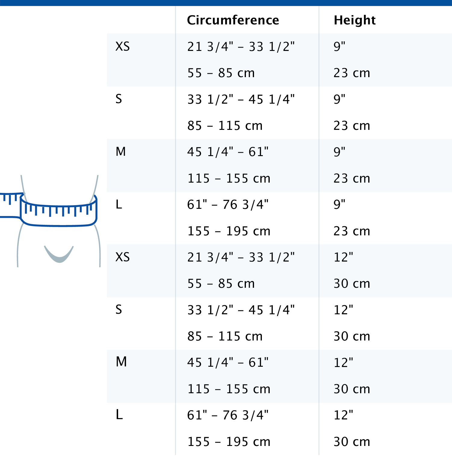 Tabella delle taglie con le misure della fascia addominale con imbottitura morbida Comfort Actimove Professional Line
 Tabella delle taglie con le misure della fascia addominale con imbottitura morbida Comfort Actimove Professional Line